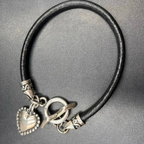 Mexico 925 Sterling Silver Black Leather Toggle Closure Heart Charm Bracelet 8” - Picture 2 of 6